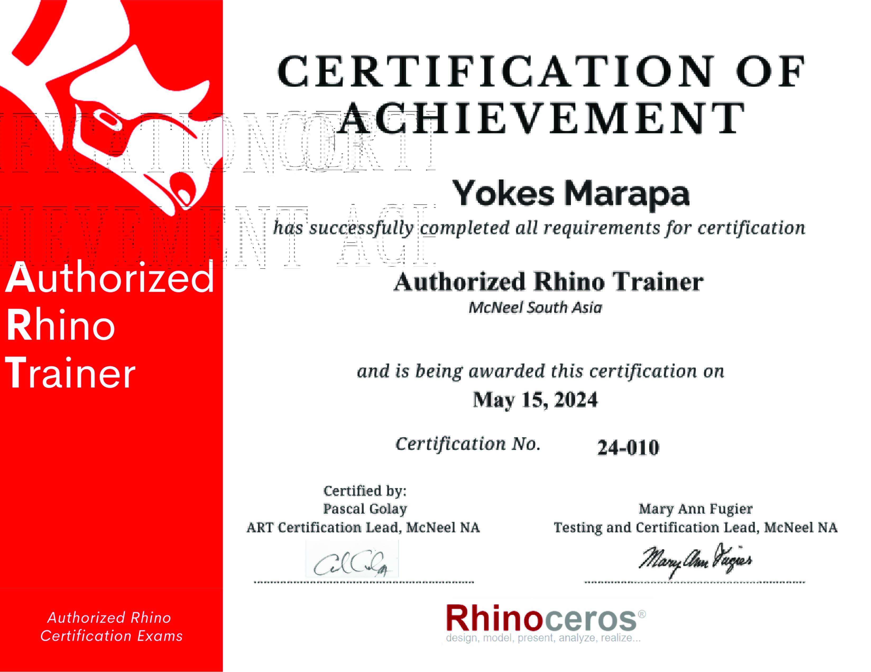 Authorized Rhino Trainer Certificate: Yokes Marapa, McNeel South Asia, May 2024